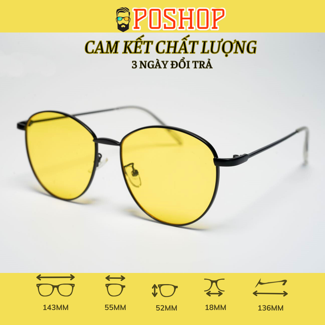 Kính mát nam nữ cao cấp kính râm thời trang gọng mắt tròn ovel chống chói tia UV màu sắc hot trend hàn quốc dễ đeo màu vàng  đi đêm SPA - POSHOP