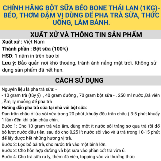Sữa béo Bone Thái Lan chính hãng dùng làm bánh pha trà sữa (1KG)- Nguyên liệu pha chế trà sữa