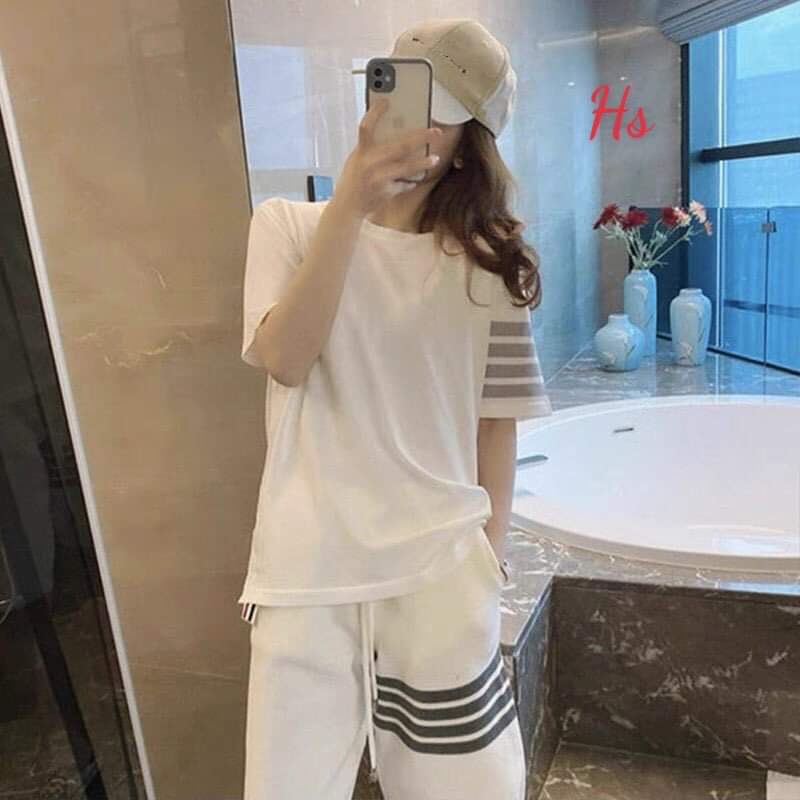 Sét bộ thun kẻ 4 sọc ngang đẳng cấp -đen + trắng