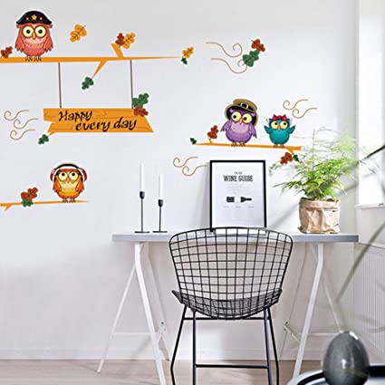 Decal dán tường Gia đình cú mèo - tranh dán tường cây cú mèo Happy every day