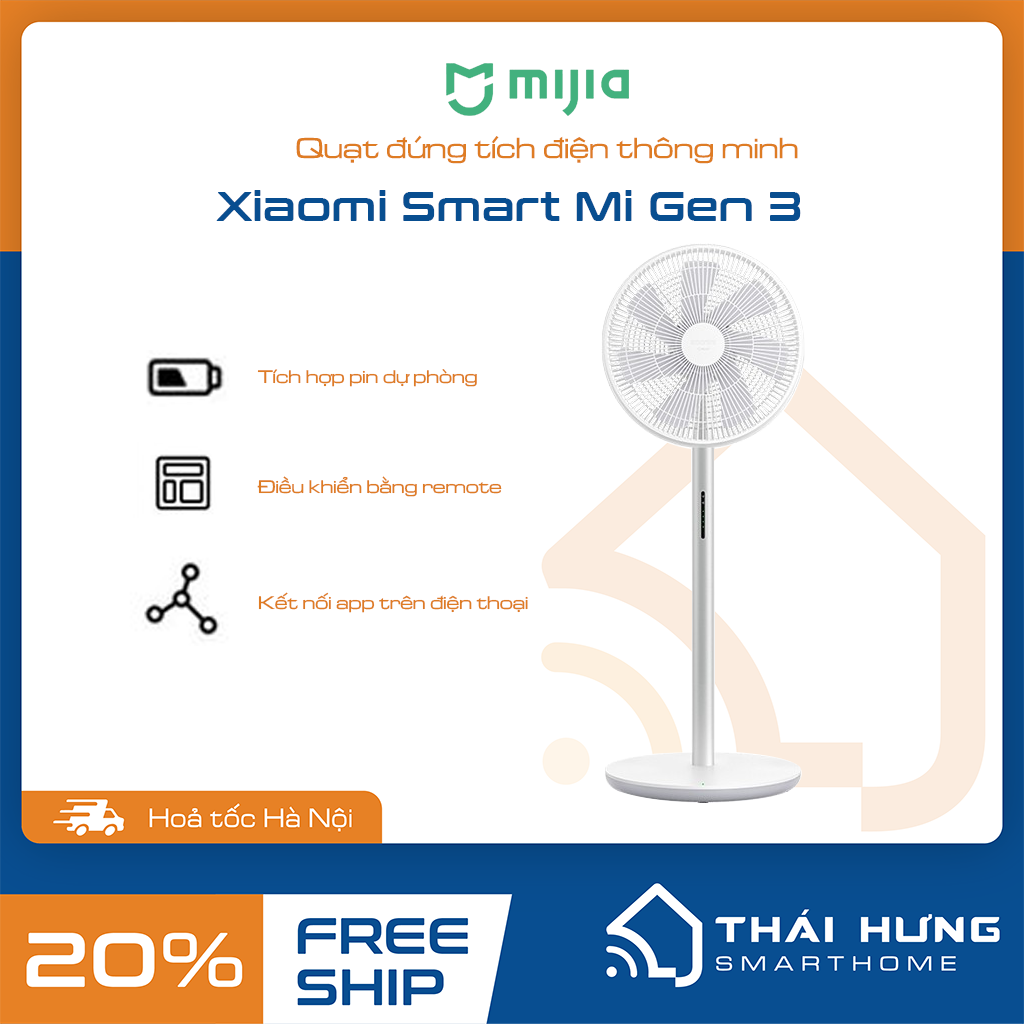 Quạt cây thông minh Smart Mi Gen 3 - có pin dự phòng, phiên bản quốc tế, kèm remote Bluetooth tiện lợi