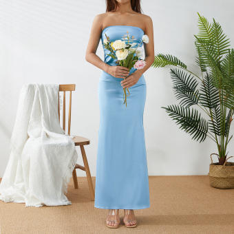 Đầm Dự Tiệc Nữ Thanh Lịch 2022 Đầm Dài Không Dây Hở Vai Vải Satin Màu Trơn Đầm Dự Tiệc Hở Lưng Khoét Lỗ Cho Nữ