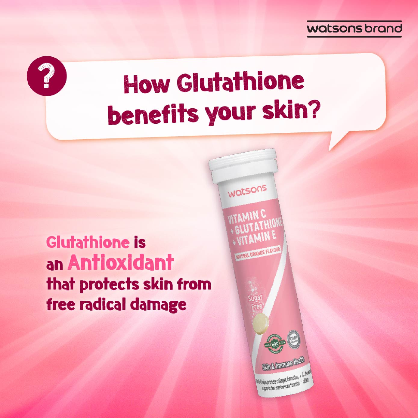 WATSONS Vitamin C + Glutathione + Vitamin E Effervescent Tablet  (Sugar-Free, Skin & Immune Health, Halal-Certified) 15s x 3 Tubes (Expiry:  Feb`2027) | Lazada Singapore
