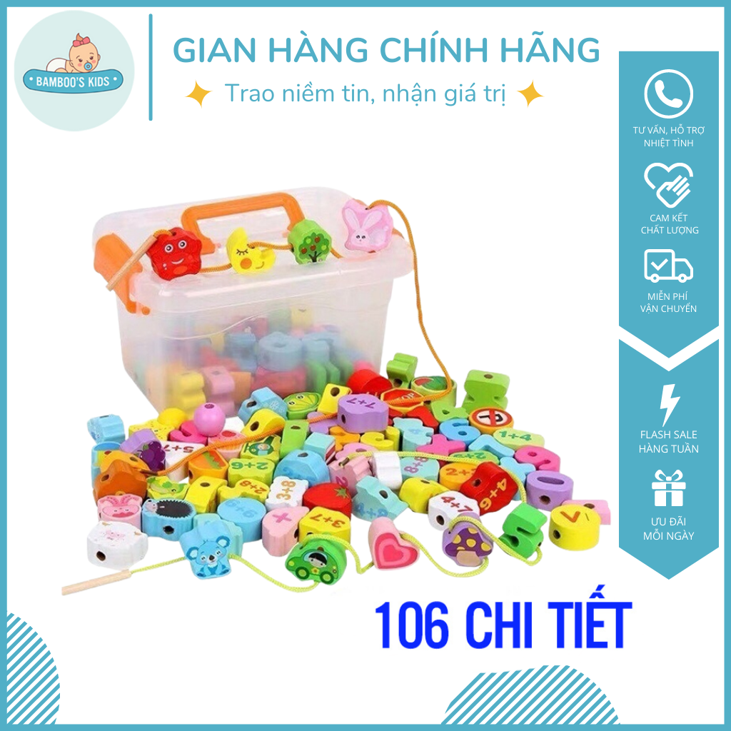 Đồ Chơi Xâu Hạt Gỗ - 106 chi tiết, Gỗ cao cấp, độ bền cao - Bộ đồ chơi xâu hạt, Đồ chơi gỗ cho bé, Bộ đồ chơi xâu hạt cho bé, Đồ chơi thông minh, Đồ chơi phát triển sớm - Bamboo's Kids