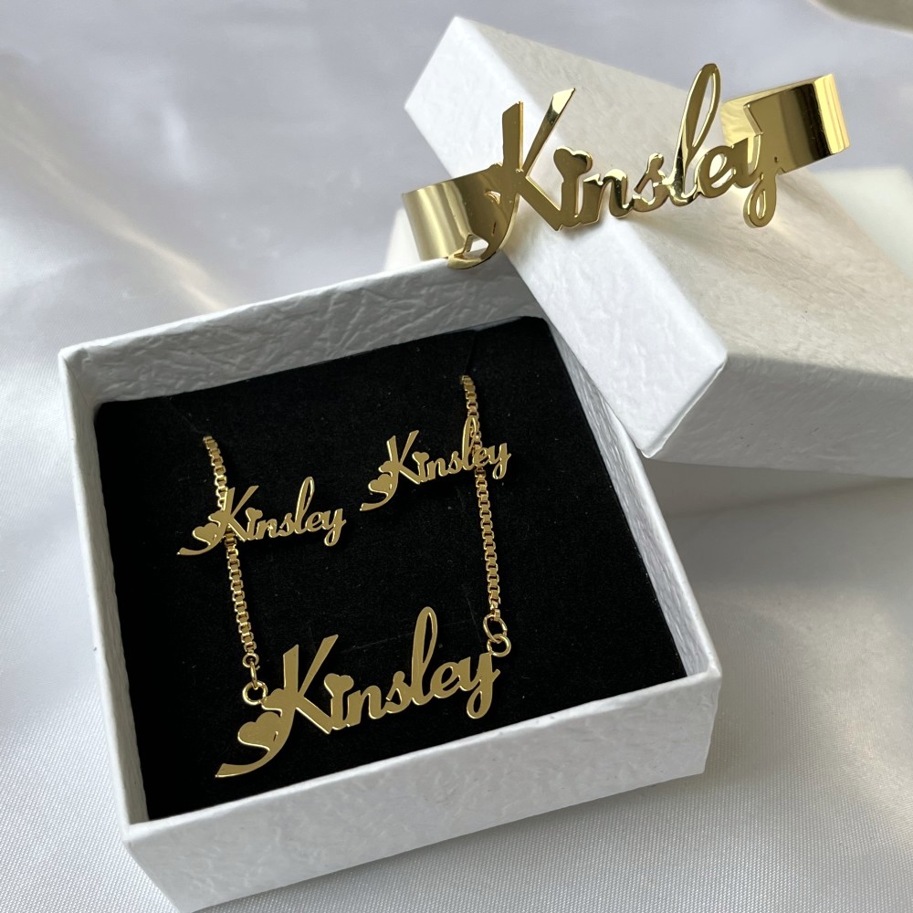 DUOYING Custom Nameplate Jewelry Set Personalized Name Bangles Customized Letter Studs Chain ID Necklace For Kids Gft