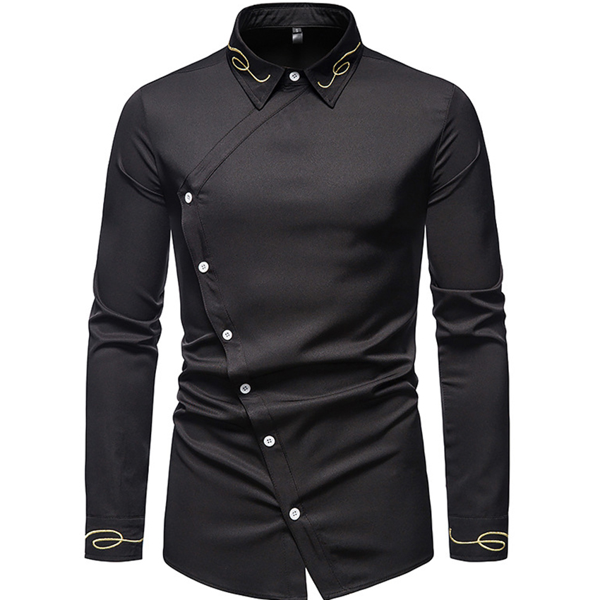 Áo sơ mi nam, Áo sơ mi dài tay thêu hoa văn tinh tế. Cúc được thiết kế kiểu vạt chéo, thêm phần nổi bật cho chiếc áo.Áo được  làm từ vải phi bóng, ít nhăn, ítnhàu, không phai màu,  mã N27