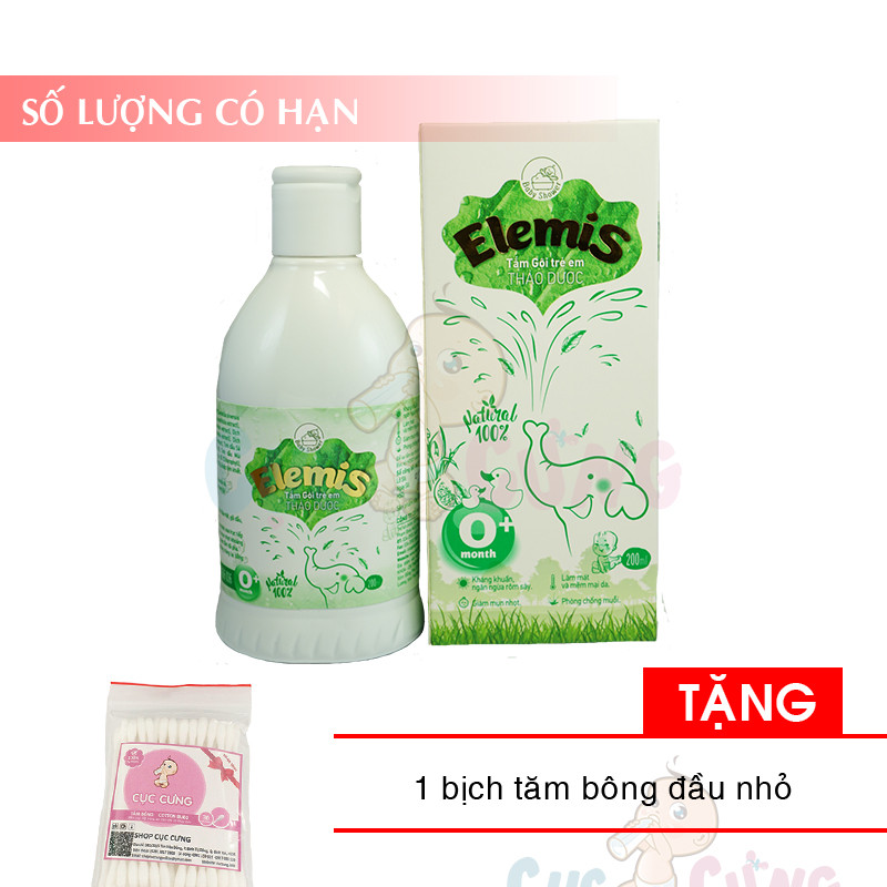 Nước tắm thảo dược ELEMIS 200ml cho trẻ sơ sinh chống rôm sẩy Tặng 1 bịch tăm bông đầu nhỏ Cục Cưng