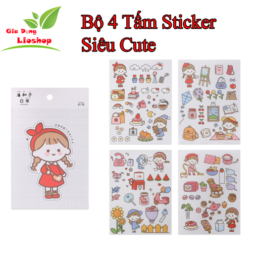 Bộ 4 Tấm Sticker Hình Dán, Nhãn Dán Cute Trang Trí Các Loại Sổ Tay, Bình Nước Và Vỏ Điện Thoại