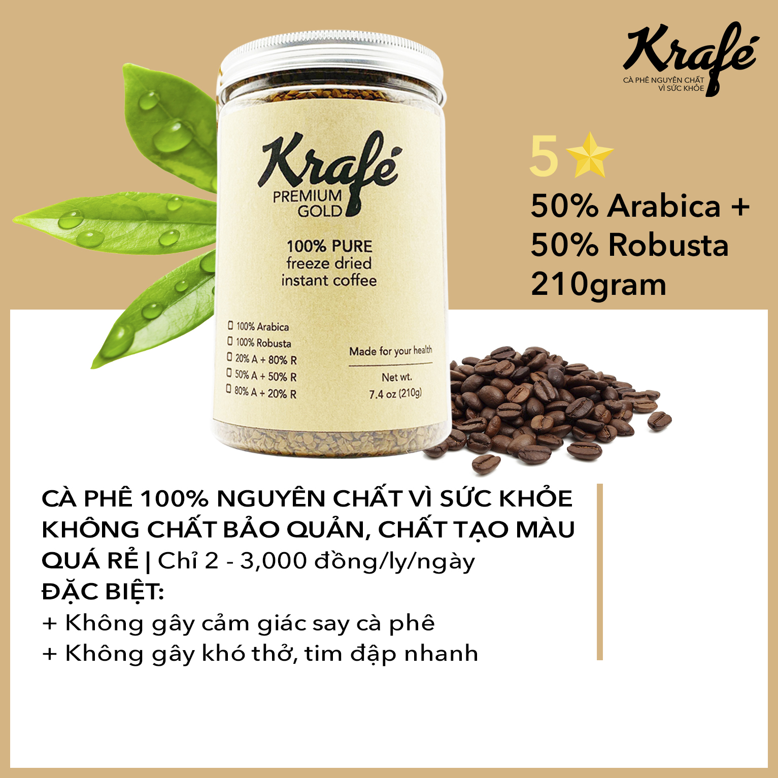 Cà phê hòa tan sấy lạnh uống liền Krafé 50% Arabica + 50% Robusta | 210 gram - Premium Gold