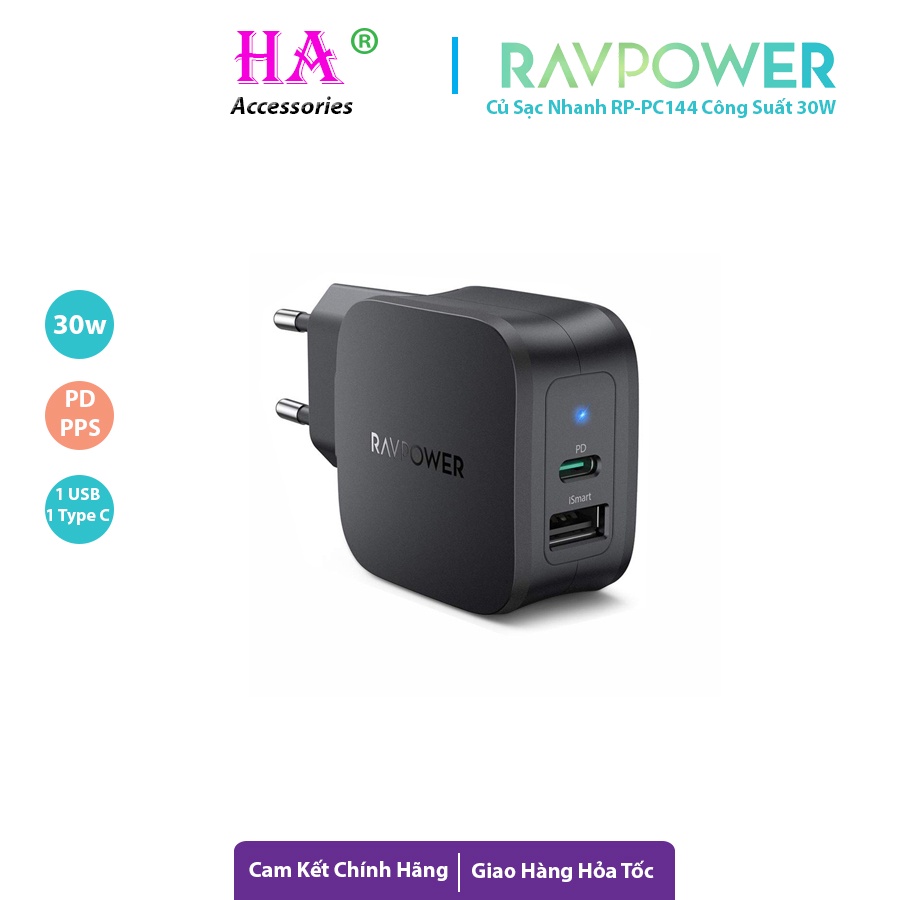 Củ sạc ravpower rp-pc144 công suất 30w sạc nhanh pd , pps , qc 3.0 cho ip ss