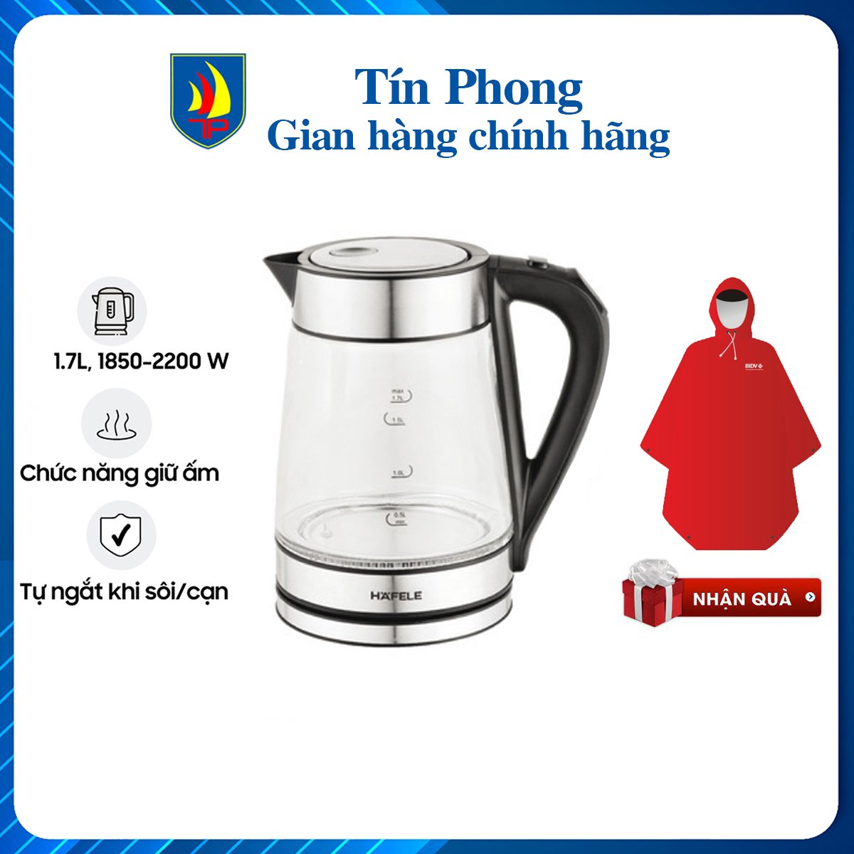 Ấm đun nước siêu tốc, bình đun siêu tốc Hafele T-602C 1,7L/ 535.43.732 - công suất 2000W, chất liệu thủy tinh, điều chỉnh nhiệt độ, chức năng giữ ấm, đèn led thông minh - Hàng chính hãng, bảo hành 1 năm.
