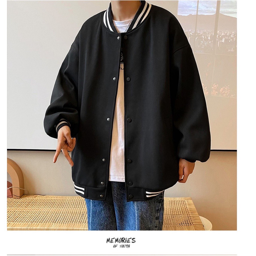 Áo khoác bomber unisex trơn - Áo khoác bóng chày chất kaki 2 lớp phối bo đen trắng là điểm nhấn