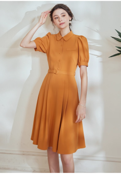 Đầm vàng cam trơn cổ sơ mi tay ngắn phồng