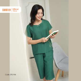 Đồ Bộ Mặc Nhà Nữ Trung Niên Linen SUNFLY Áo Cộc Quần Lửng SP2016