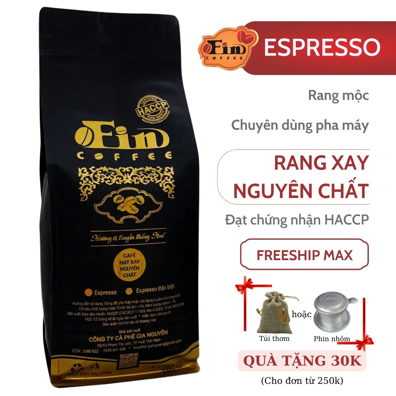 1kg, Cà phê rang mộc pha máy từ FIN COFFEE, hương thơm dịu nhẹ, vị đậm đà, cà phê rang xay nguyên chất, đạt chứng nhận ATTP.