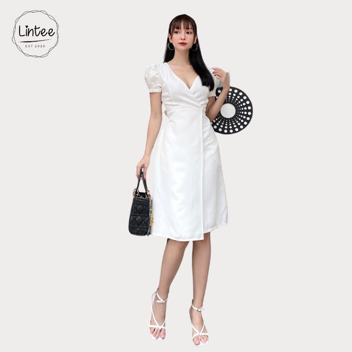 Đầm Công Sở Xẻ Đắp Chéo Ngực, Váy Xinh 2 Lớp Cao Cấp Sang Trọng Thời Trang Nữ Lintee