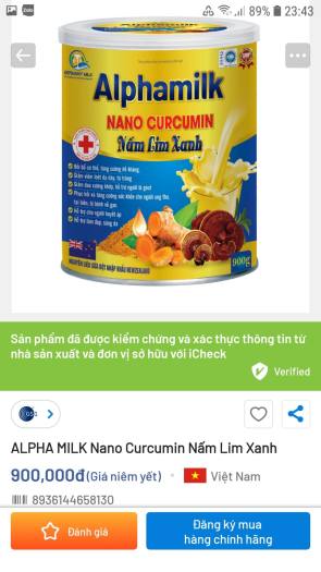 Sữa bột Alphamilk NaNo Curcumin Nấm Lim Xanh 900g , tăng cường sức đề kháng , giảm viêm dạ dày, xương khớp, gout, ung thư , tai biến , gan, huyết áp , làm đẹp da