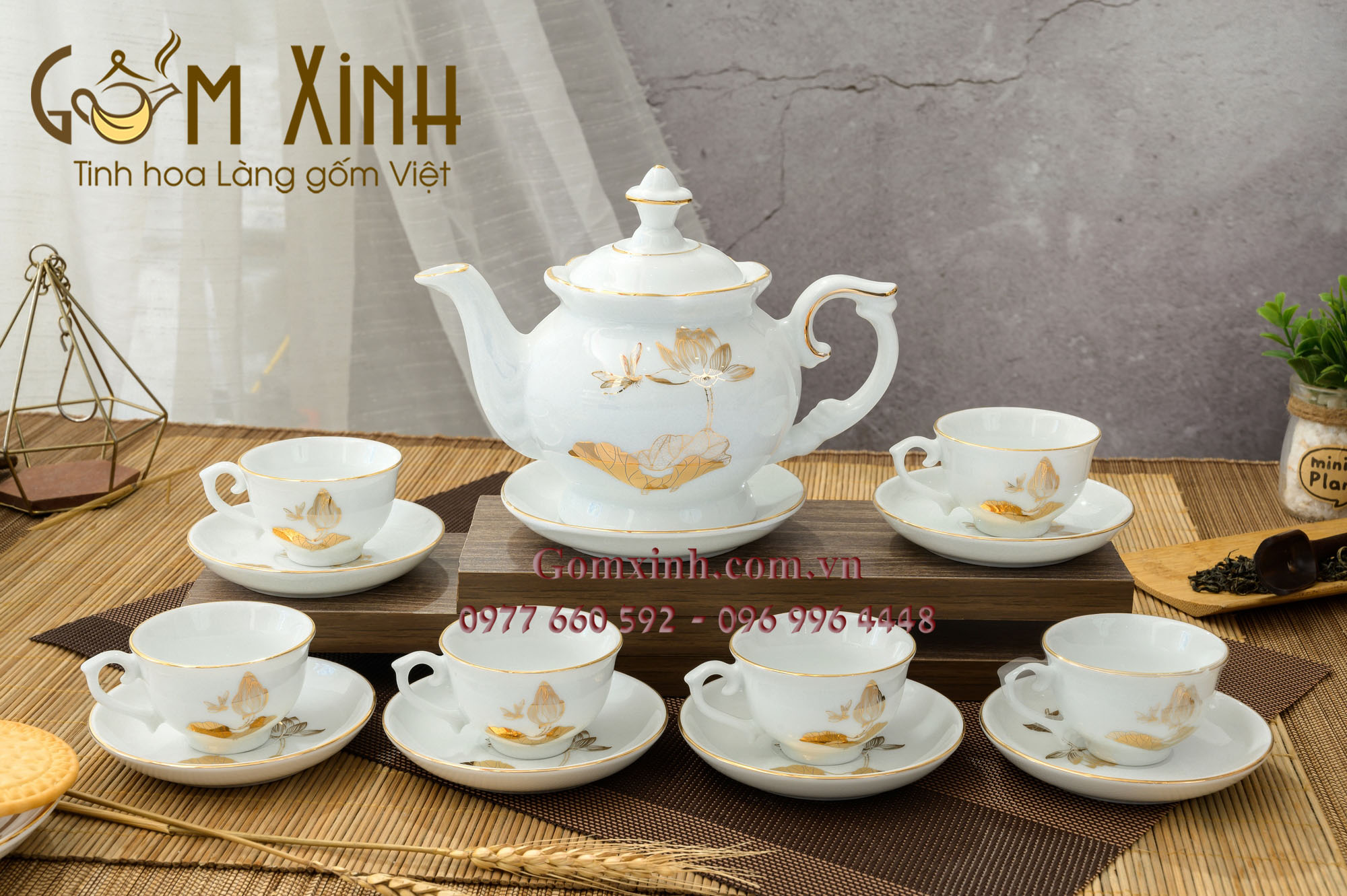 Bộ ấm chén Bát Tràng Phú Quý sen chuồn vàng kim