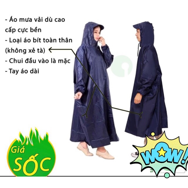 Áo mưa được làm từ vải dù siêu bền, chống thấm nước hiệu quả, loại bít toàn thân không xẻ tà size 1m4 trở lên