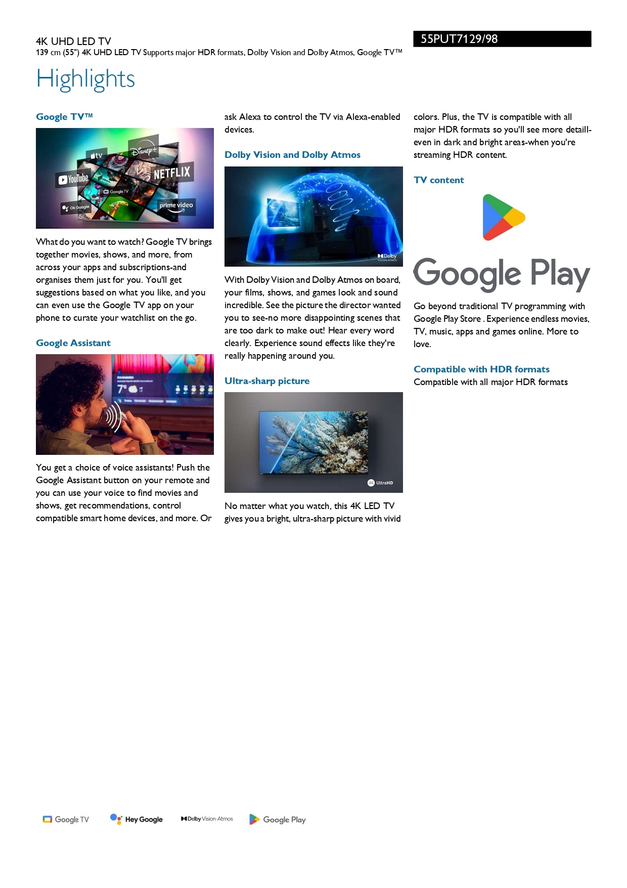 PHILIPS 55PUT7129 55" 4K UHD GOOGLE TELEWIZOR LED