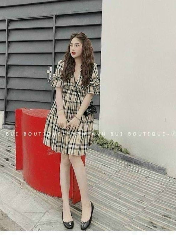 [New Sales 2024] Đầm tiểu thư caro cổ V đầm nữ tay phồng đầm babydoll caro váy xòe nữ váy midi phong cách Hàn Quốc dễ thương váy mặc đi chơi tay ngắn