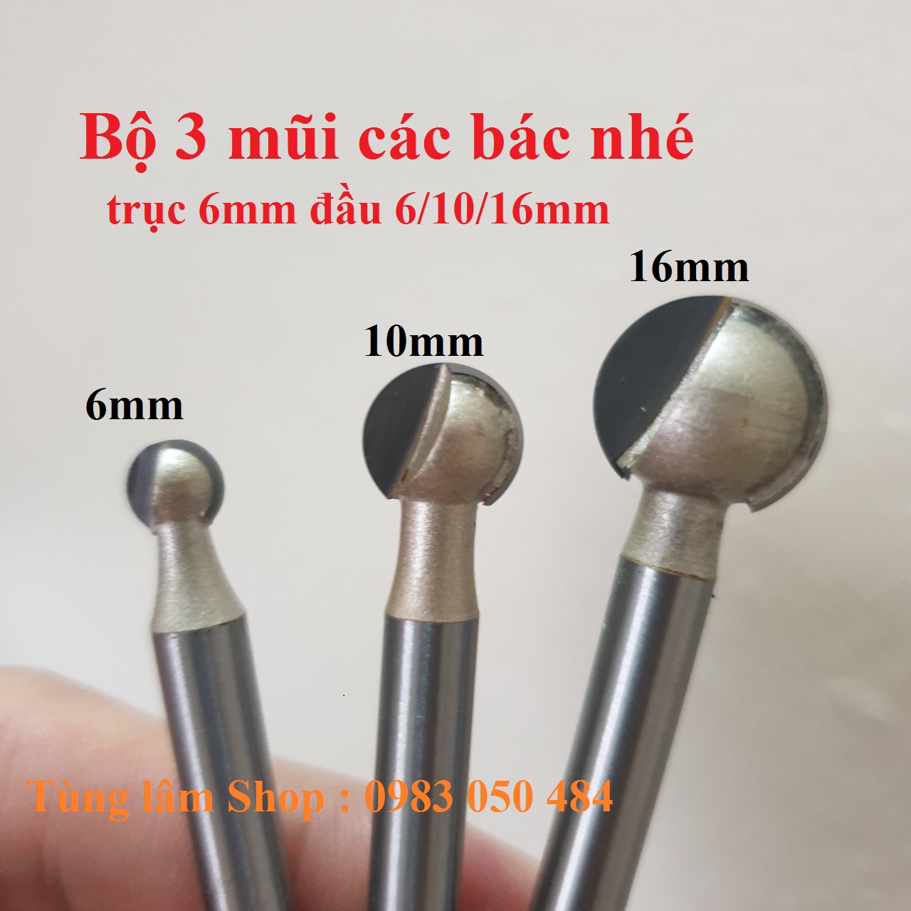 Bộ 3 Mũi đào khắc gỗ lũa làm bonsai cán 6mm đầu 6mm/10mm/16mm mũi mài khắc hợp kim cán 6mm