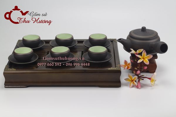 Bộ ấm chén Bát Tràng gốm tử sa Vuốt tay ngang chỉ bạc