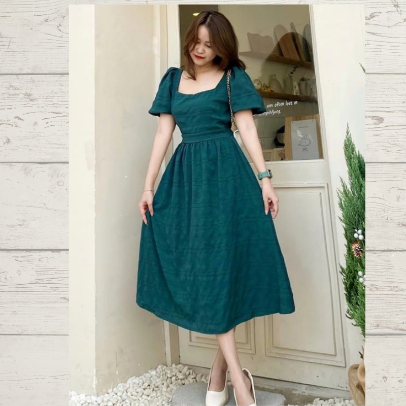 Đầm nữ đẹp, Váy nữ xòe thiết kế cổ vuông tay bồng eo chun chất xốp siêu xinh