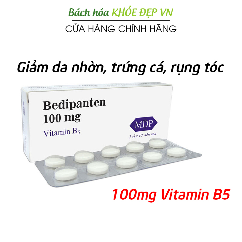 Viên uống vitamin B5 B1 Bedipanten 100mg giảm nhờn trên da và tóc giảm mụn trứng cá rụng tóc - 20 viên