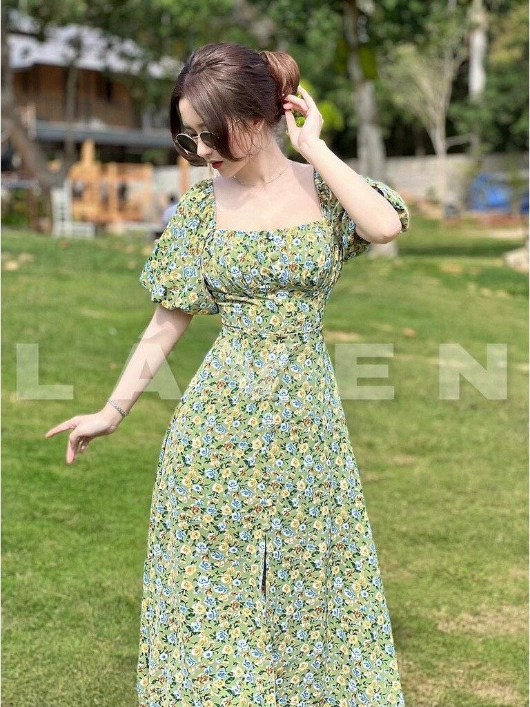 Đầm hoa nhí nữ cổ vuông màu xanh