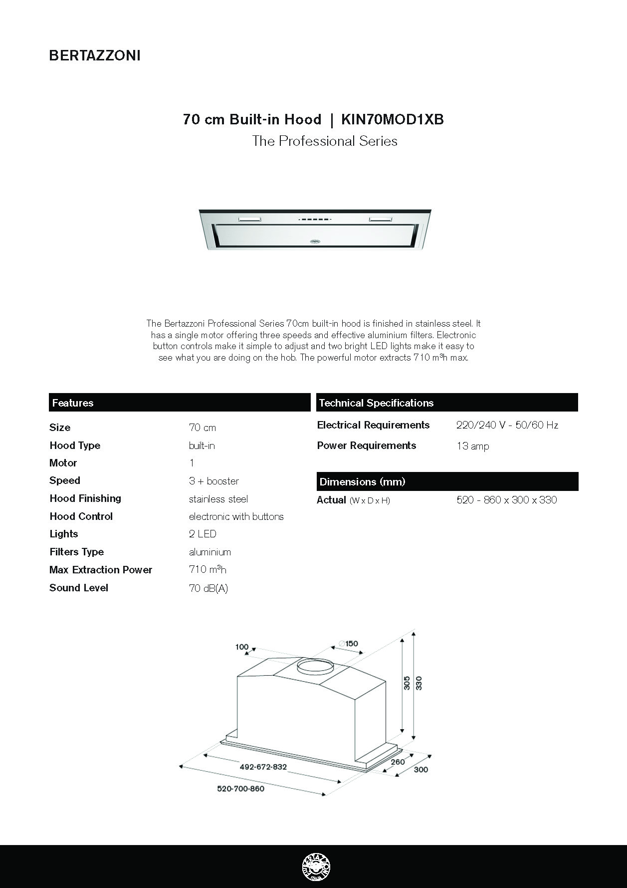 Bertazzoni Stainless Steel Built in Ventilation Hood KIN70MOD1XB / KIN86MOD1XB (Available in 70cm & 86cm) · v6