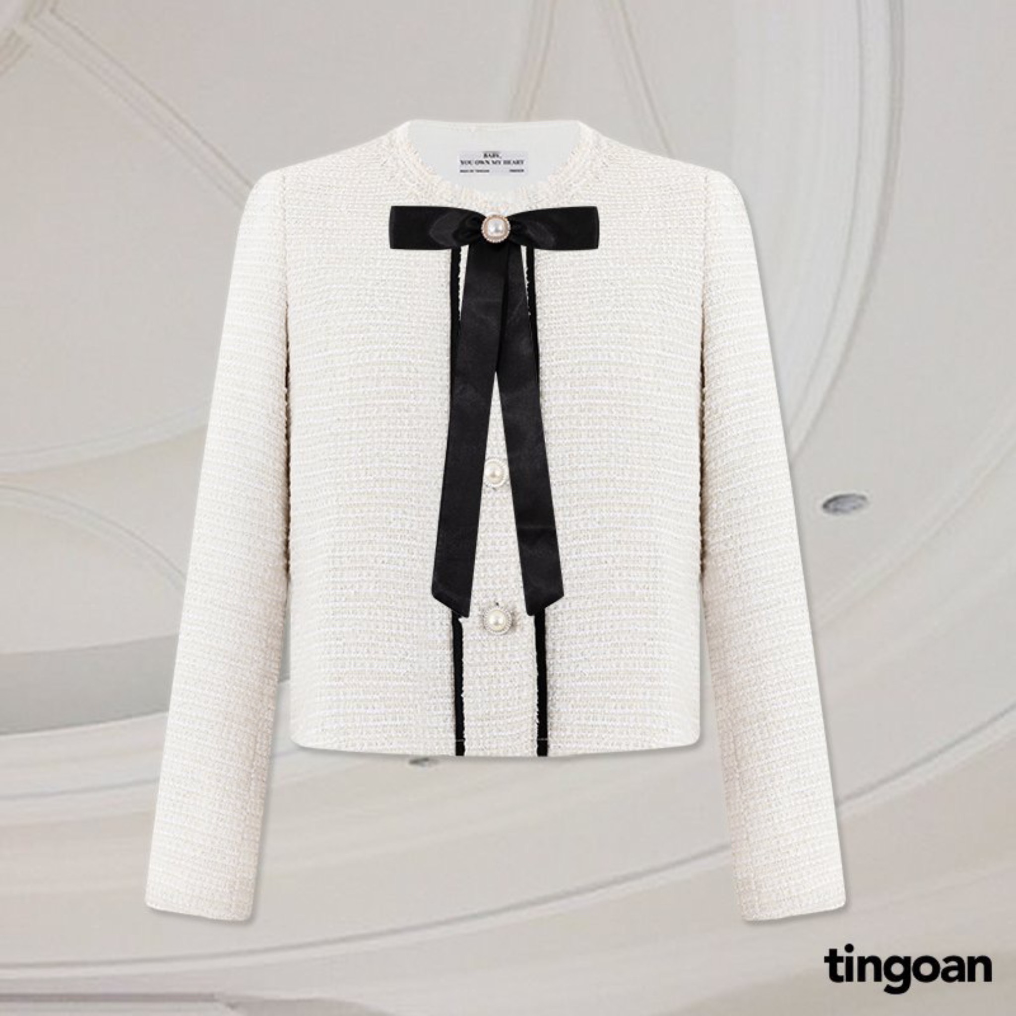  TINGOAN® - Áo khoác tweed trăng viền tua rua cổ  FORGET ME NOT JACKET WH  tặng kèm nơ cài áo đuôi dài CALL ME ANGEL BROOCH  
