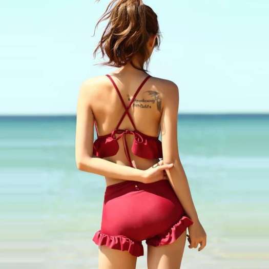 Bikini bộ đồ bơi đi biển nữ liền mảnh kín đáo dạng váy che bụng 2 màu xanh  và tím đỏ | Shopee Việt Nam