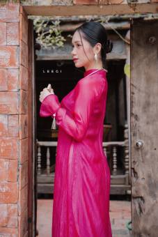 Áo dài Mộc Miên 4 tà voan tơ bọt hồng sen/ hồng đất Leegi Design Min7072