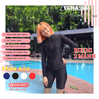 Đồ bơi nữ 2 mảnh tay dài quần lửng kín đáo bikini đi biển đi bơi thun lạnh áo tay dài dây kéo quần dài che khuyết điểm | DBN006