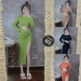 Đầm body hở bụng xoắn eo xẻ đùi chất thun gân thích hợp mặc đi làm đi chơi phù hợp với mọi phong cách