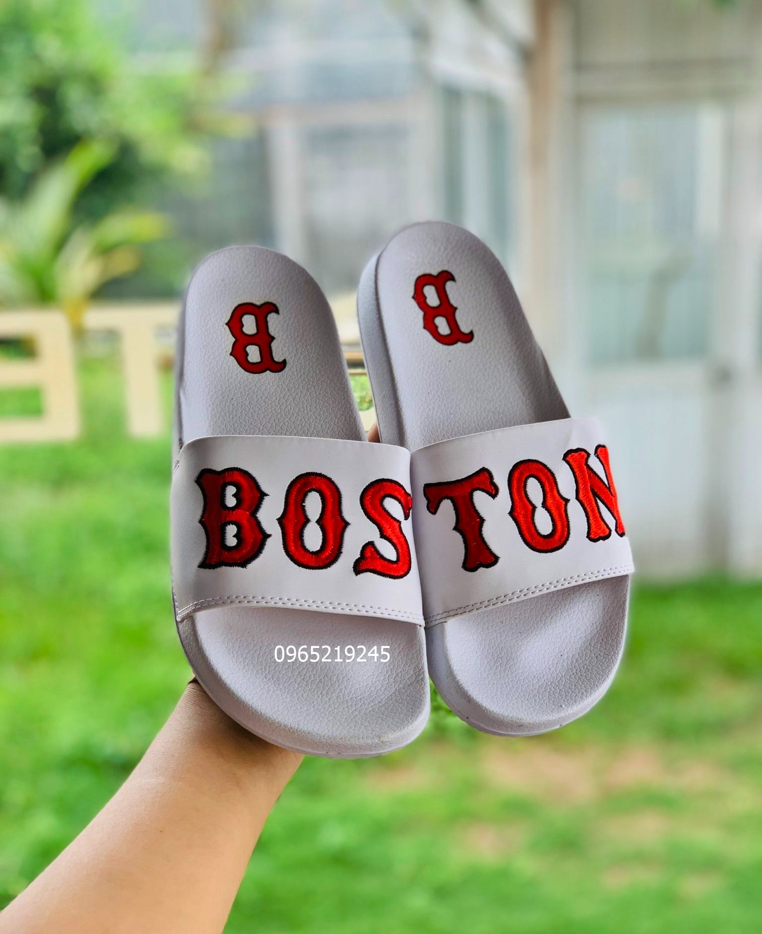 Dép unisex MLB BOSTON dép quai ngang thể thao nam nữ, Dép mlb bóng chài quai ngang thể thao nam nữ,dép puma nam nữ màu trắng thêu đỏ
