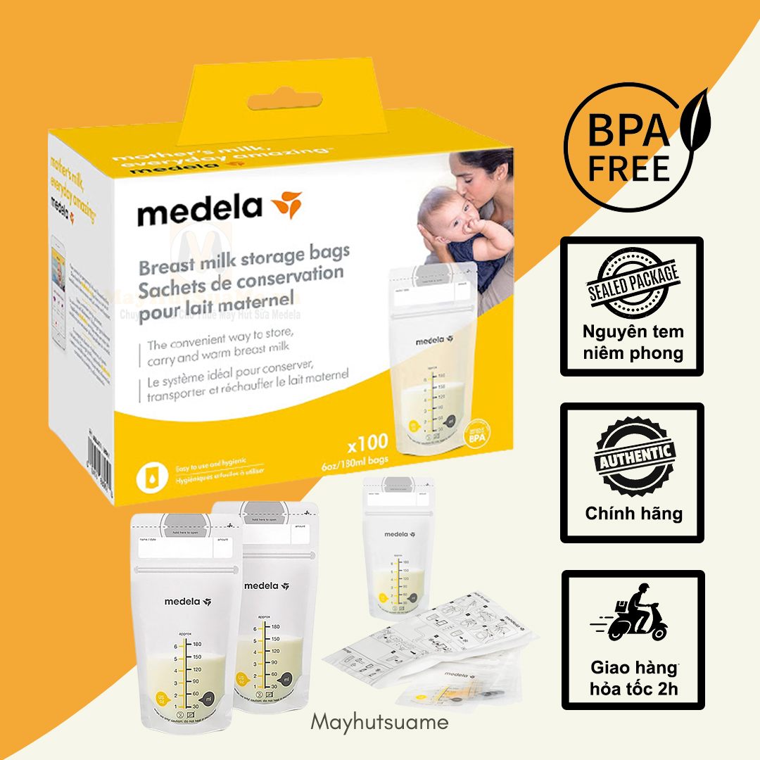 Túi trữ sữa Medela 180ml - bao bì mới 2023 túi 100 cái nguyên seal - 2 khóa zip chống tràn