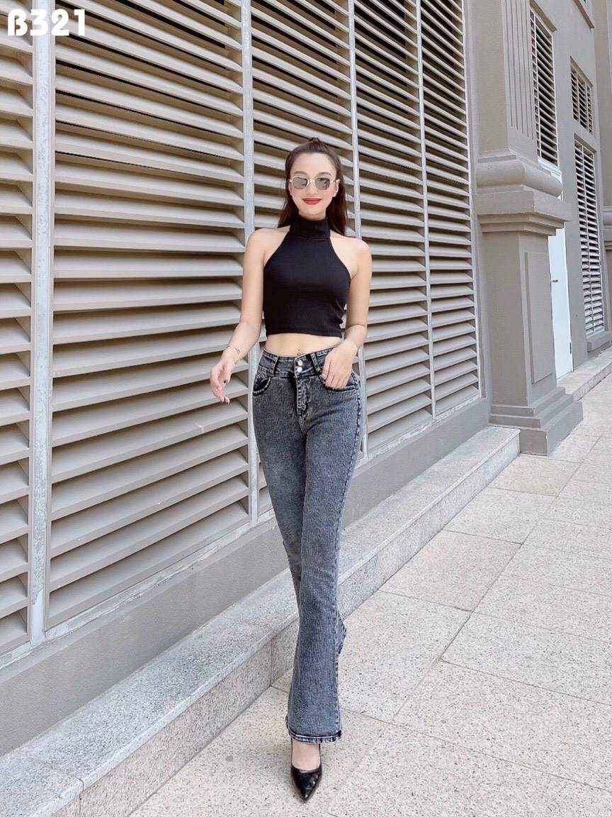 Quần jean nữ ống loe màu xám lưng cao co giãn Đẹp Store 257