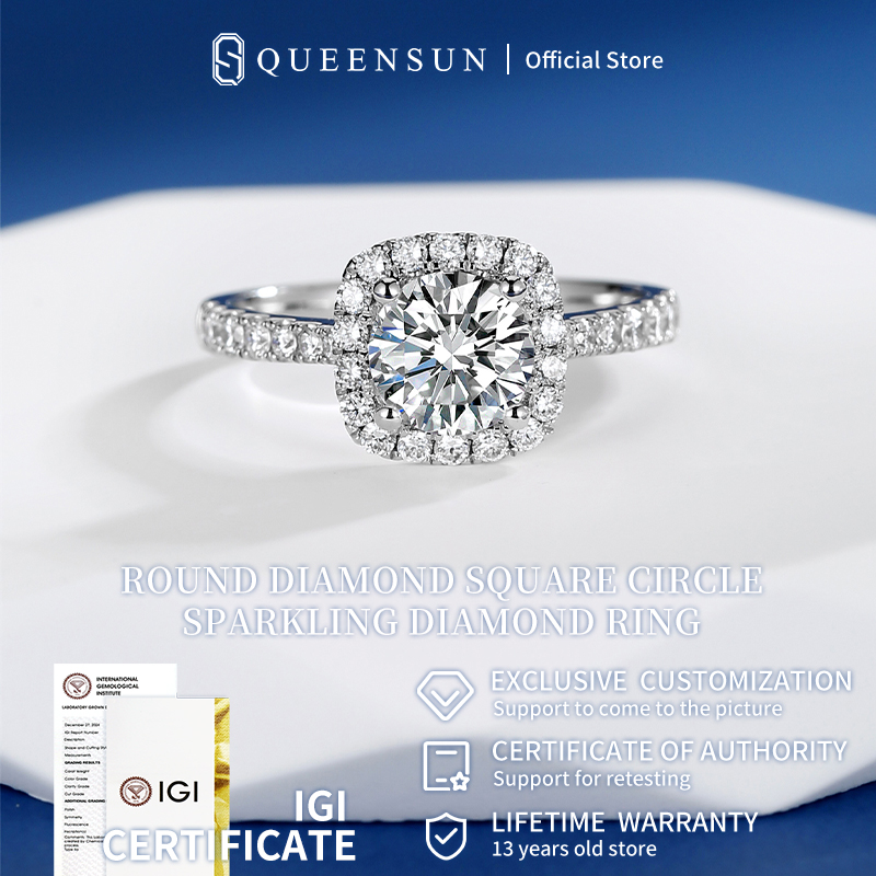 Queensun 18K proposal square surround set with 1carats Lab Grown Diamond ring for women's wedding real diamond ring方围镶真钻戒 wedding band ring diamond gold ring，designer ring，Korea wedding band ring，diamond gold ring，designer ring，ring women，戒指，accessories f