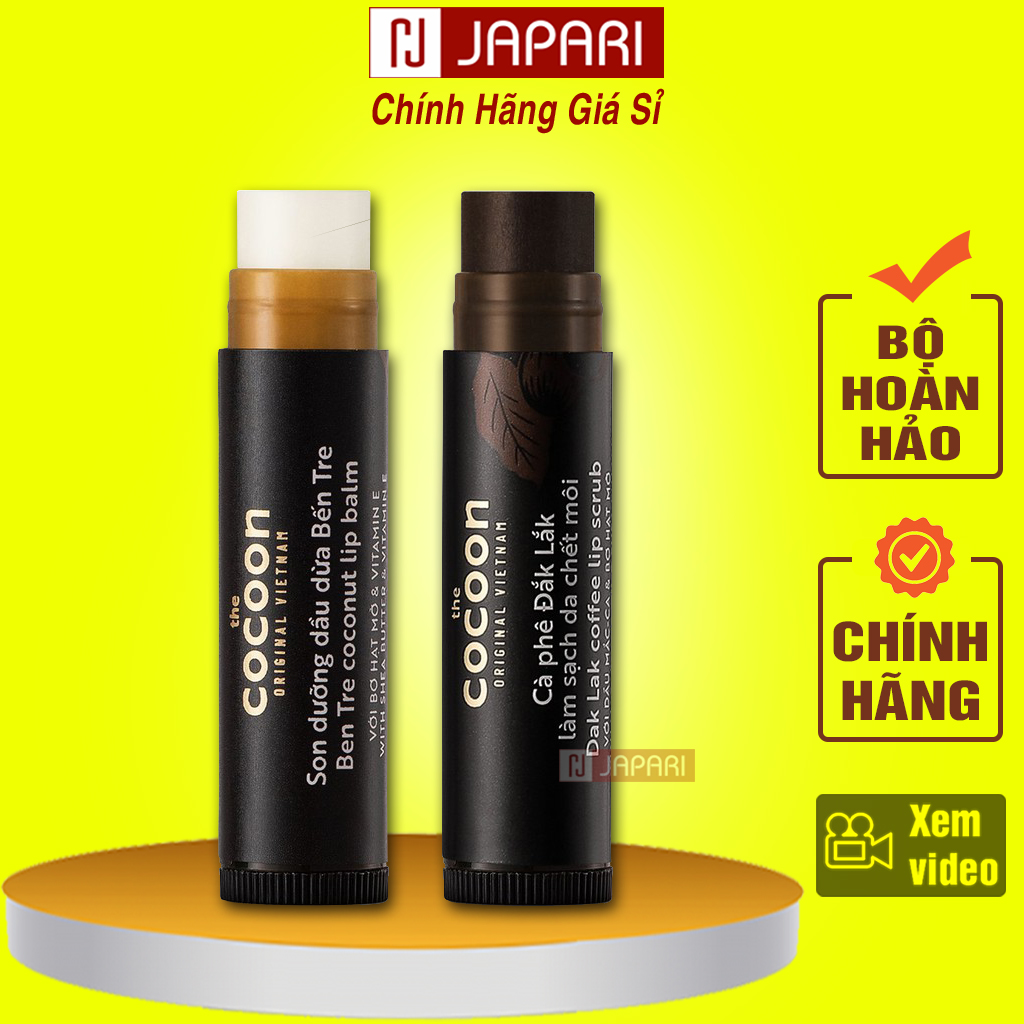 Son Dưỡng Môi Cocoon Dầu Dừa Bến Tre 5g + Tẩy Tế Bào Chết Môi Cocoon CHÍNH HÃNG Vitamin E Bơ Hạt Mỡ Dưỡng Ẩm - Son Dưỡng Môi Cho Trẻ Em 12 tuổi Không Màu Nam/Nữ - Tẩy Da Chết Môi JAPARI