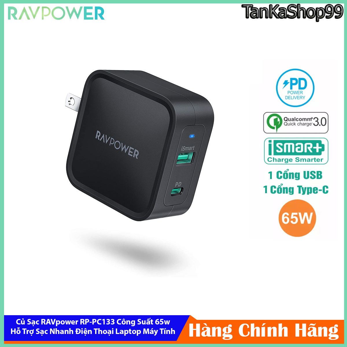 Củ Sạc RAVpower RP- PC133 CPCN002 GaN Tech PD3.0 65W Hỗ Trợ Sạc Nhanh Điện Thoại Máy Tính Laptop
