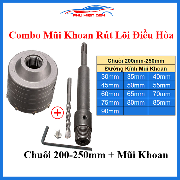 Bộ mũi khoan rút lõi điều hòa kèm chuôi 200mm-250mm khoét lỗ, rút lõi bê tông, tường gạch đủ kích cỡ