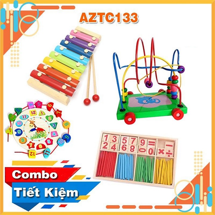 Combo 4 (xe luồn hạt, sâu gỗ, hộp que tính, đồng hồ số thả hình)