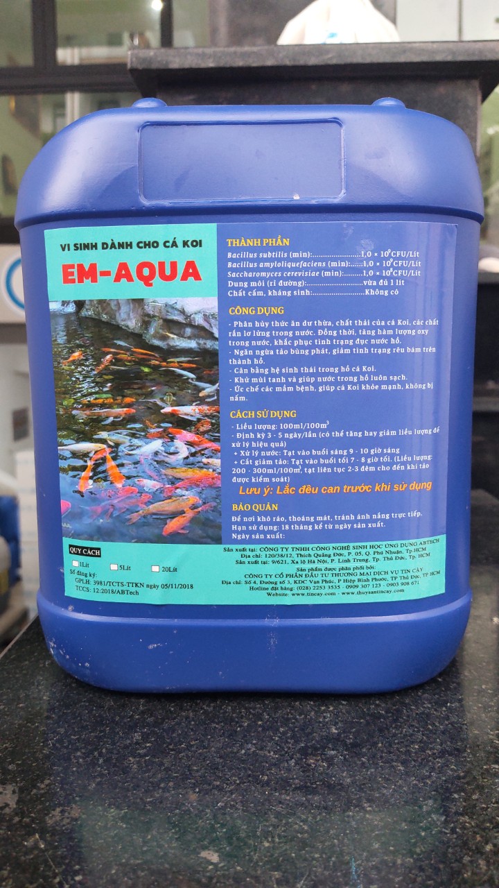 Chế Phẩm Vi Sinh Xử Lý Nước Hồ Cá Koi – EM AQUA cá Koi làm sạch nước, cân bằng hệ vi sinh, khử mùi (Can 5 lít)