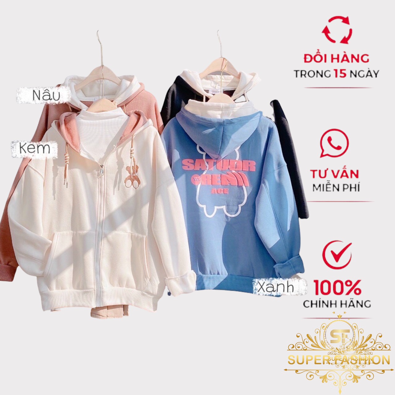 Áo khoác Nỉ Hoodie Nũ From Rộng Họa Tiết Gấu Chữ SATUDR Dày Dặ Nón 2 Lớp Super Fashion