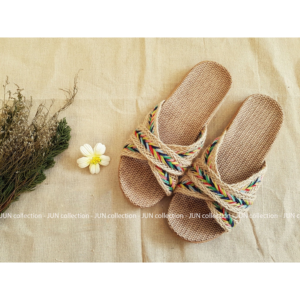 (Quà tặng không bán) Dép cói 3 quai chéo vintage - mang nhà - đi biển - dạo phố