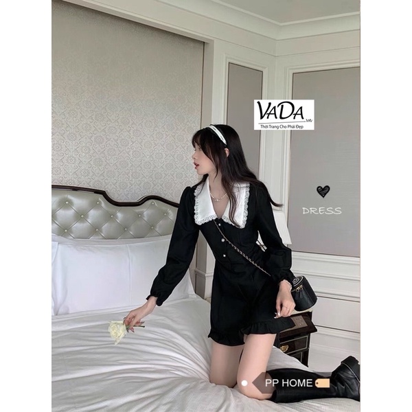 Đầm xòe nhẹ phối cổ ren hoa nổi bèo lai siêu dễ thương
