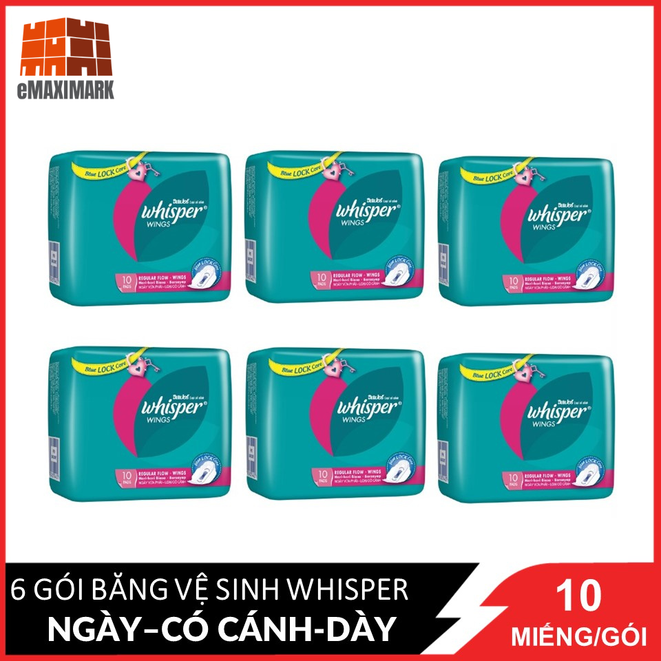 Combo 6 gói băng vệ sinh whisper có cánh dày ngày - 23cm - 10 miếng/gói