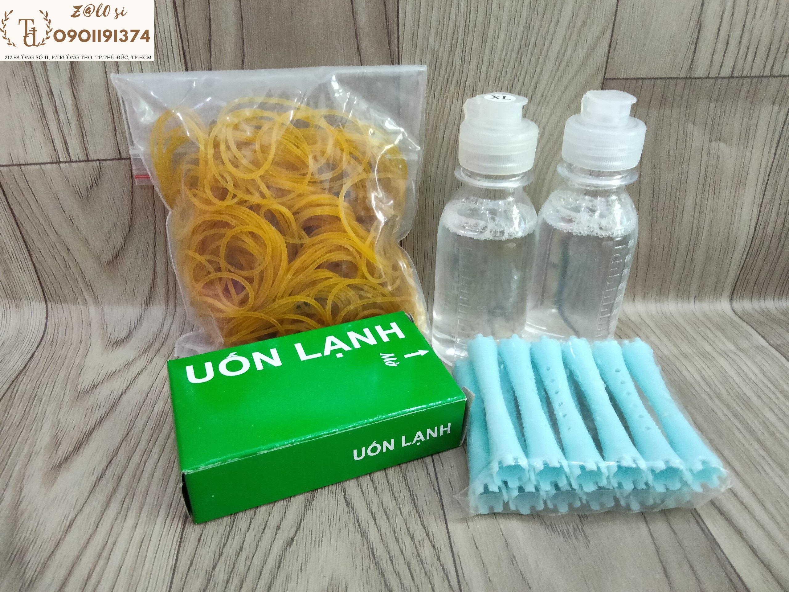 Combo uốn: Cặp uốn lạnh 100ml, 12 truc uốn số 2, thun cột, giấy uốn lạnh